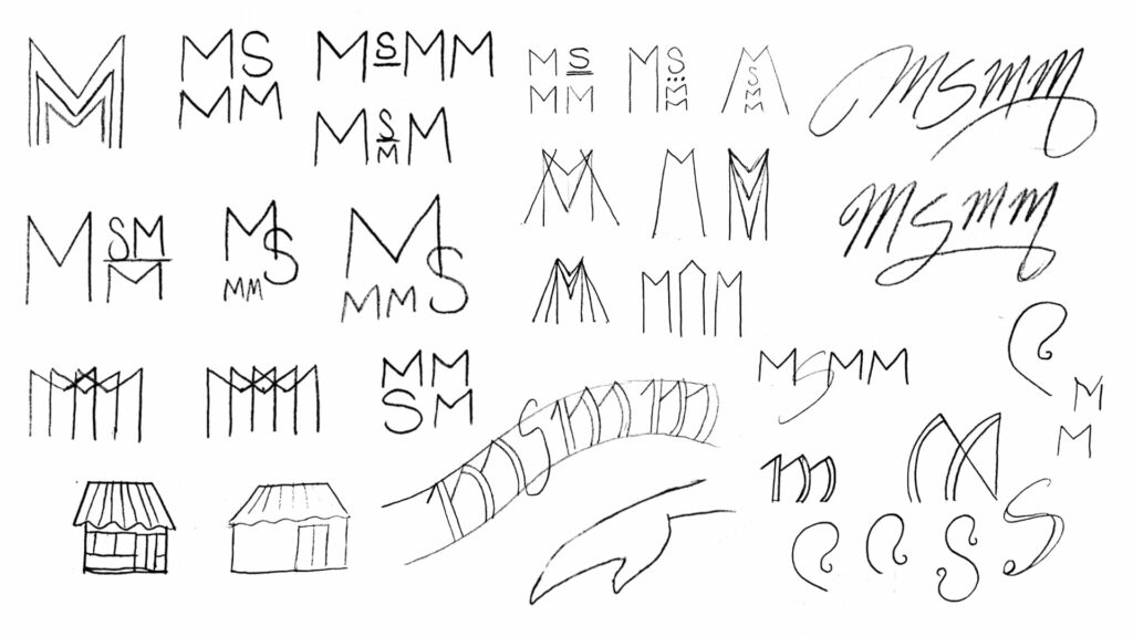 Sketches of the Main Street Market Maker logo in process.