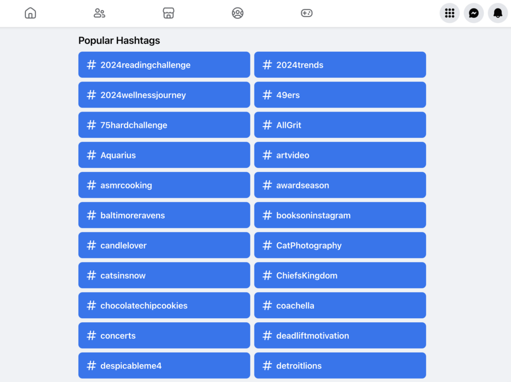 A list of hashtags to use on Facebook via explore.