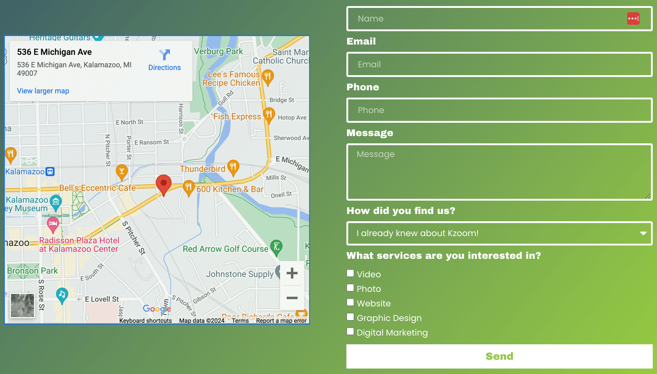 An example of a Google Map embedded on a contact page.