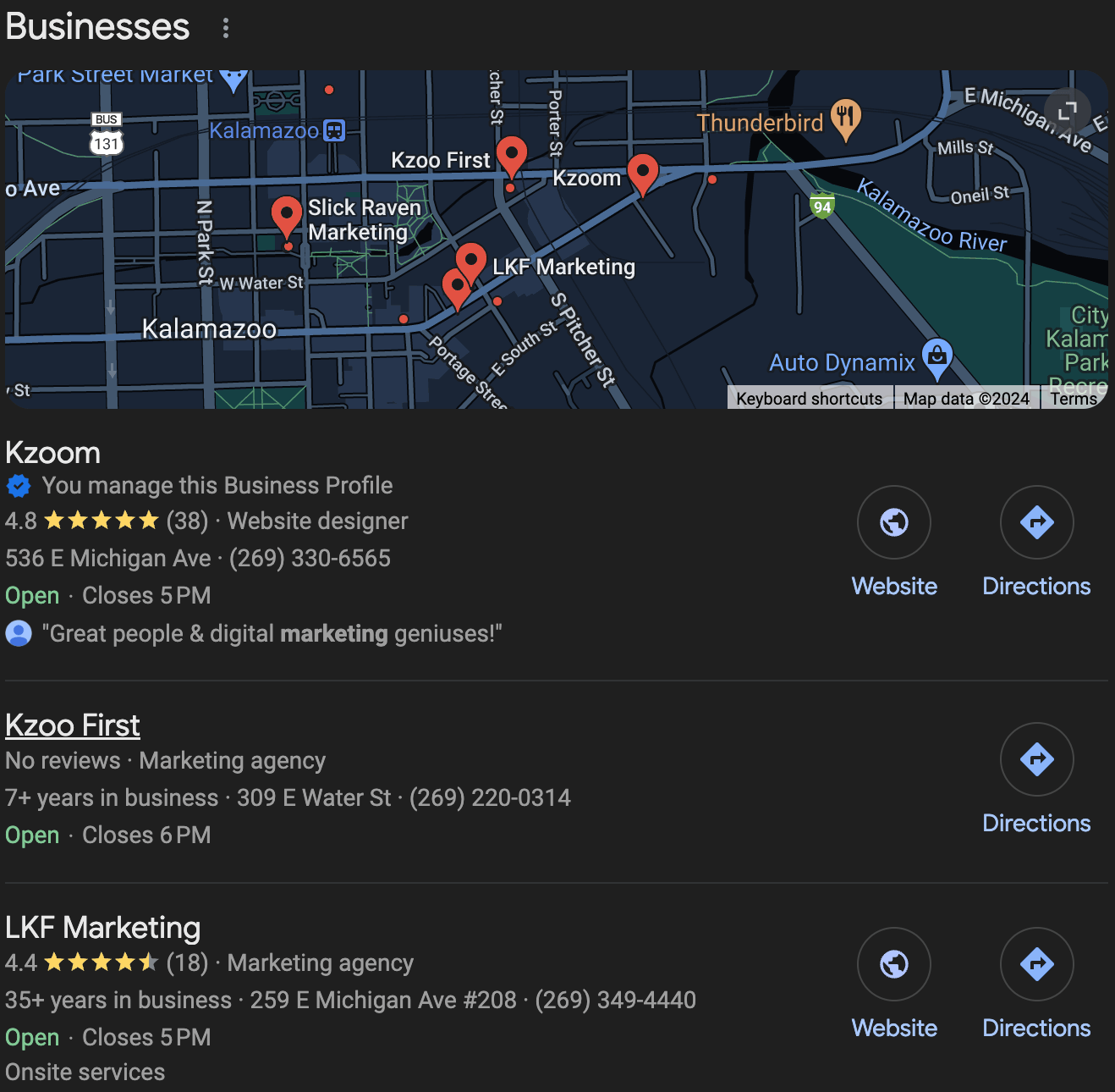 A Google Business listing of marketing agencies in Kalamazoo.