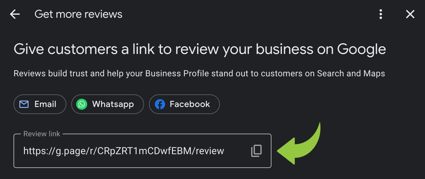 An image showing the second step of getting a Google review, a link provided by Google Business Profile.