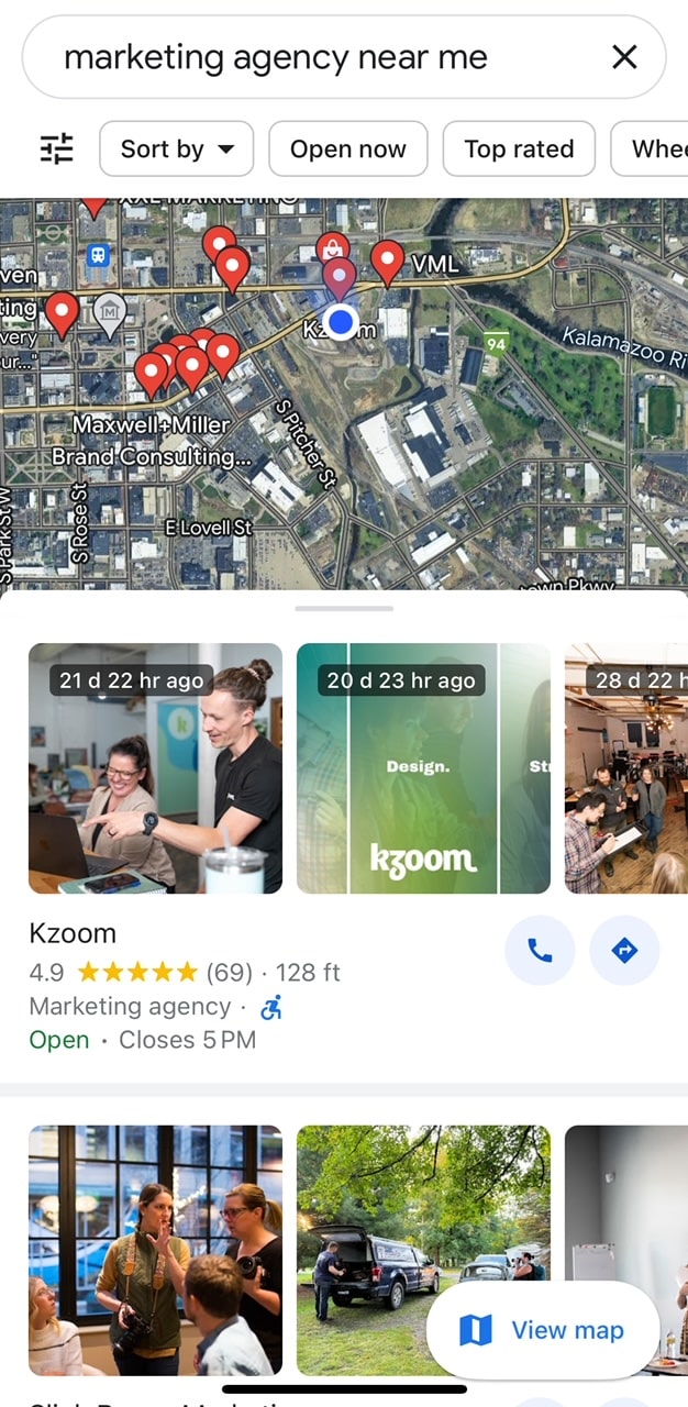 An example of a search for 'marketing agency near me' in Google Maps.