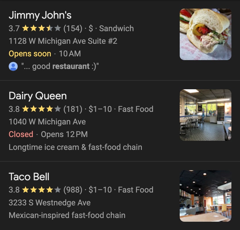 An example of the eighth page of the Google local pack.