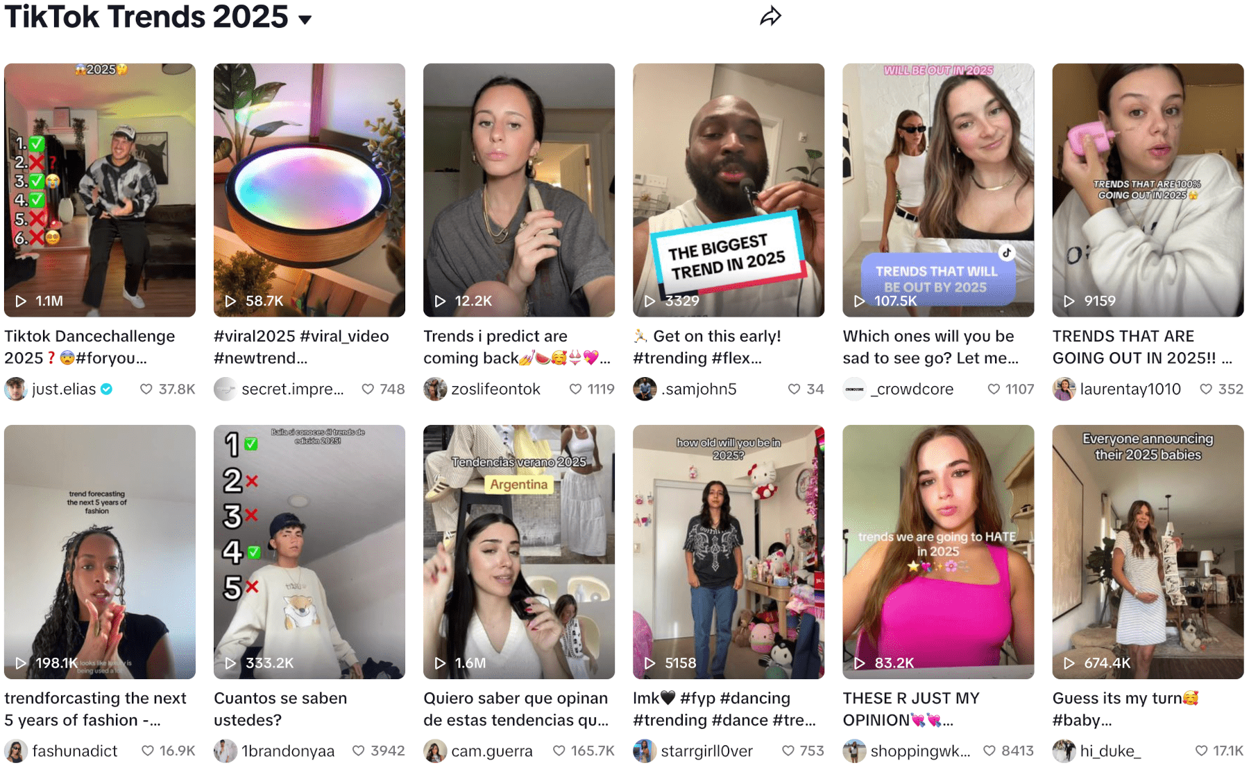 A screenshot of recent TikTok viral trends.