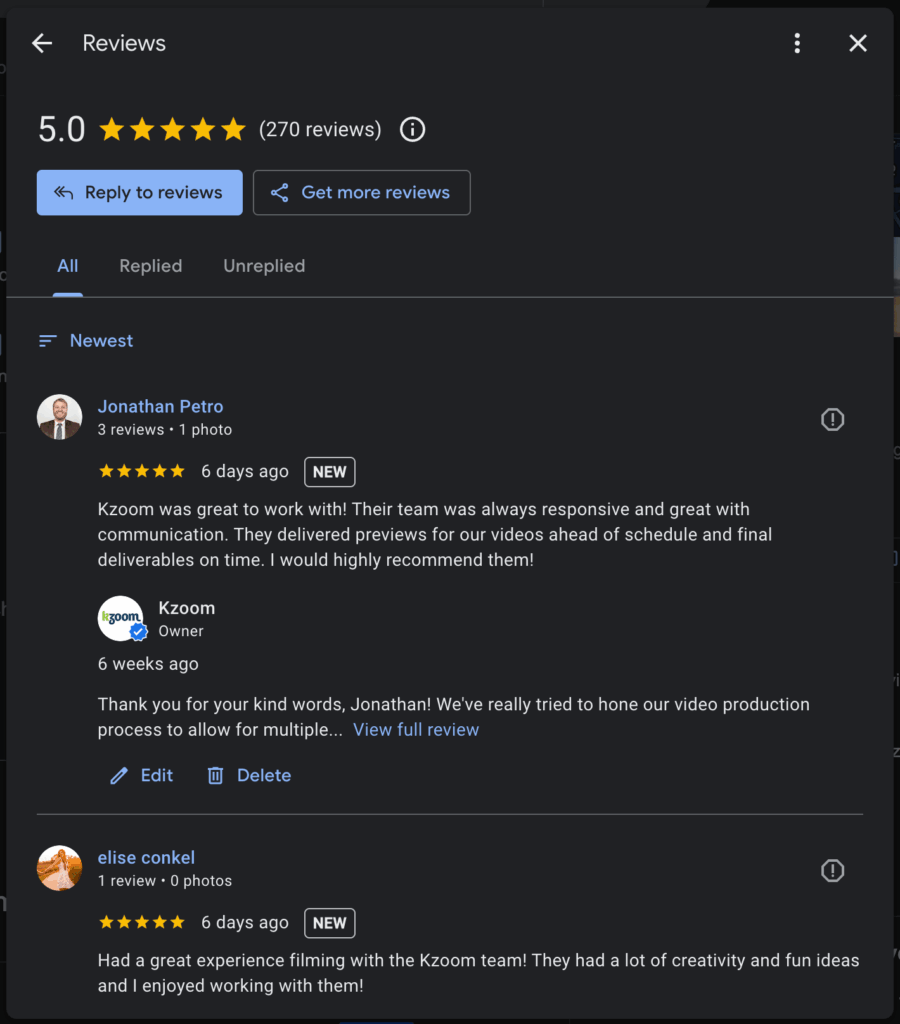 A screenshot of a business' Google Reviews displayed.