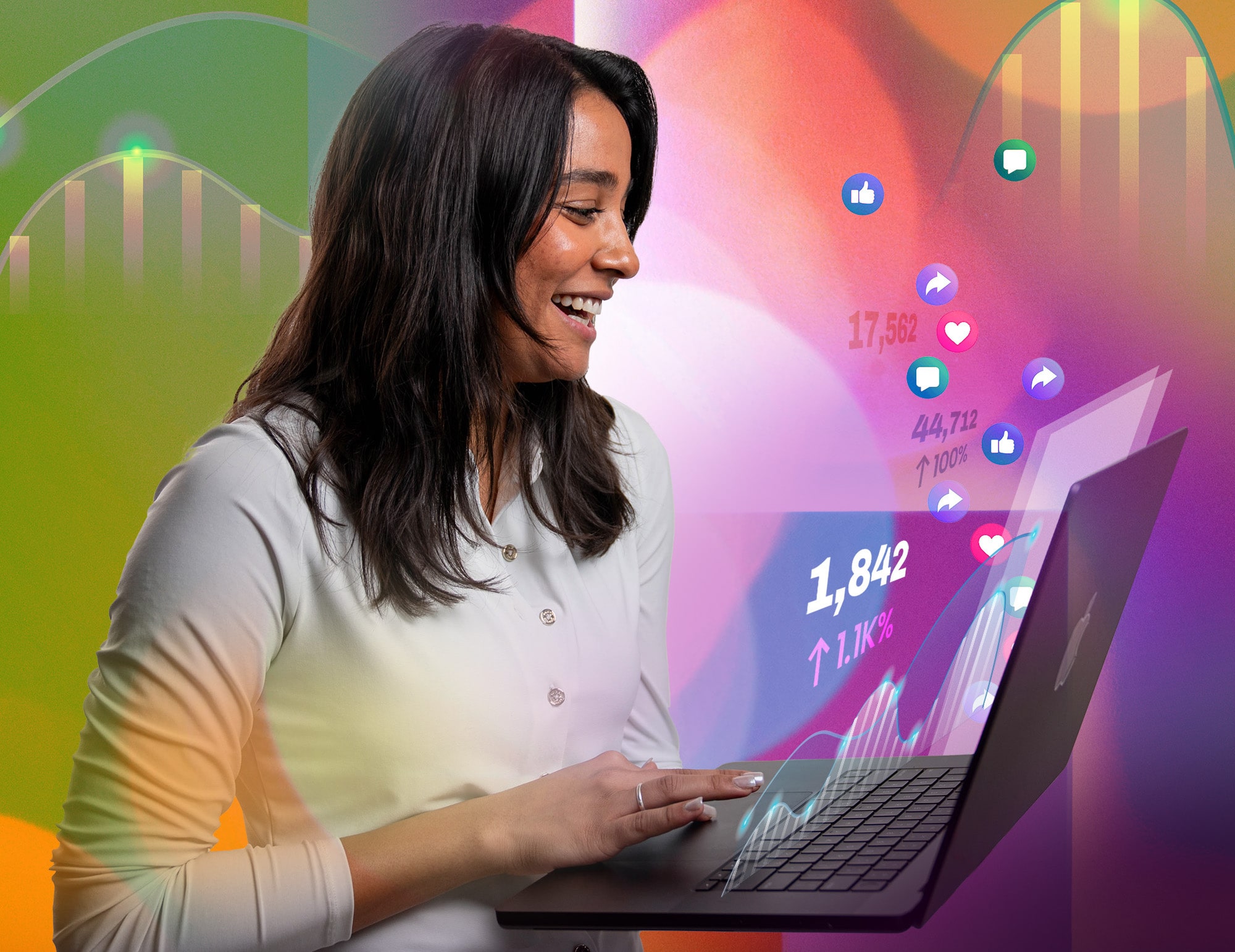 A social media manager looking at Instagram posts on a laptop computer.